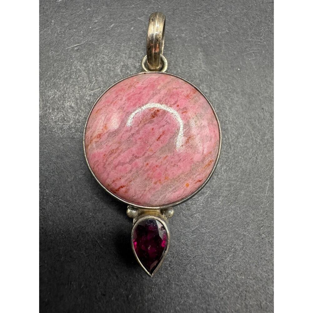 Vintage Rhodonite Amethyst Gemstone Drop 925 Sterling Silver Pendant 35.9mm